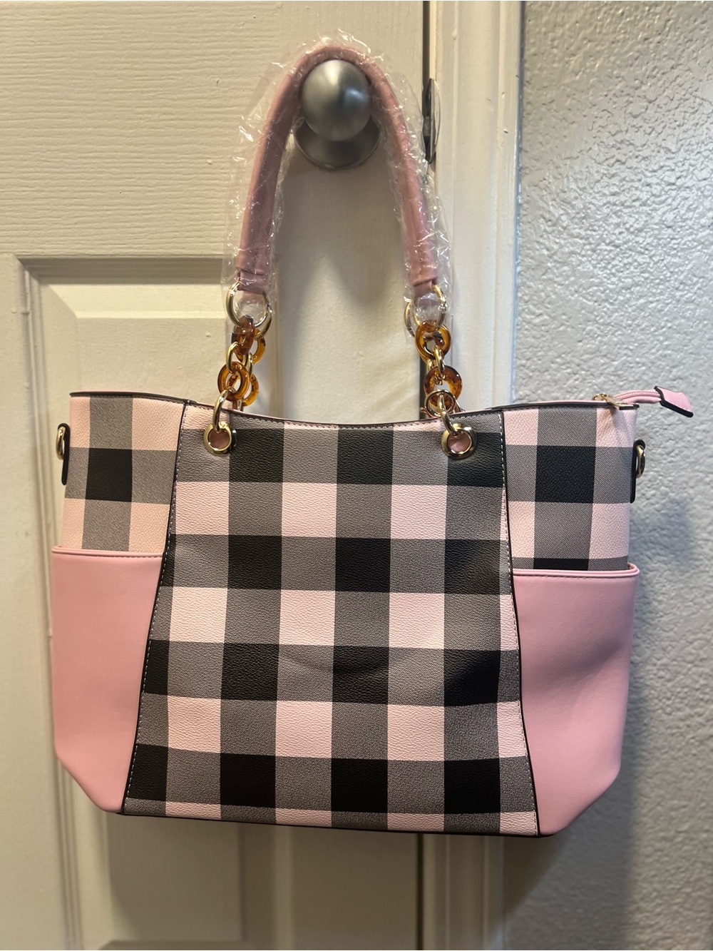 Pink Plaid Tote Bag with Gold Chain Accents